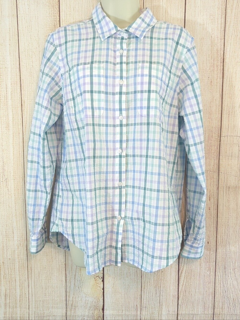 L.L.Bean Women's Vacationland Seersucker Long-Sleeve Plaid Shirt Medium NWOT
